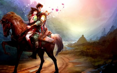 Romantic Asian Lovers Riding Horse