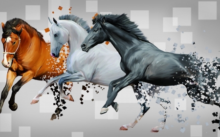 Horses - run, horse, animal, trio, drawing