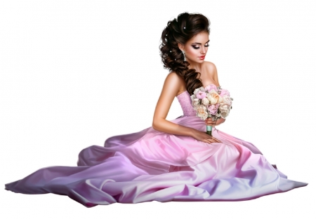 Pink and Flowers - pretty, dress, girl, pink, flowers, fantasy, purple, digital, woman, 3d, art