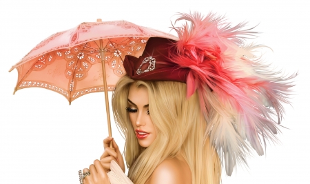 Girl with Umbrella and Feathers - digital, pretty, pink, blonde, girl, art, fantasy, 3d, woman