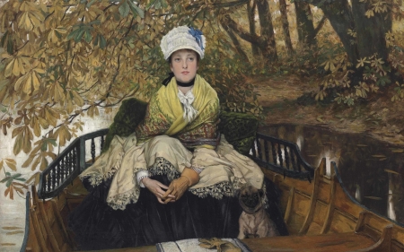 Waiting - woman, painting, autumn, art, jacques joseph tissot, pictura, boat