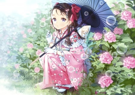 :-) - anime, blue, girl, kimono, flower, pink, manga, umbrella, parasol, garden, lolita fashion, bubbles, rose, ancotaku