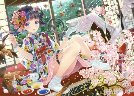 :-) - bird, anime, cherry blossom, girl, tagme, flower, pink, sparrow, manga