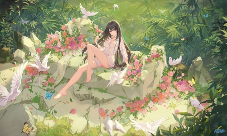 Summer garden - vara, girl, summer, atdan, bird, pink, luminos, green, anime, flower, manga