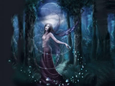 FAIRY - MOON, FOREST, WINGS, MAGICAL, FAIRY, FEMALE