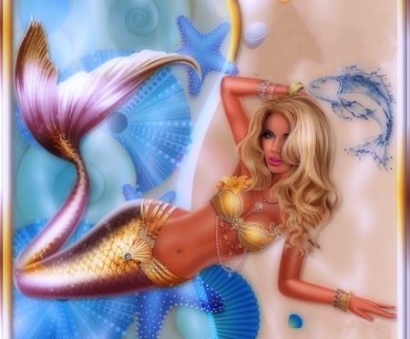 GOLDEN MERMAID - seashells, starfish, female, mermaid, fish, golden