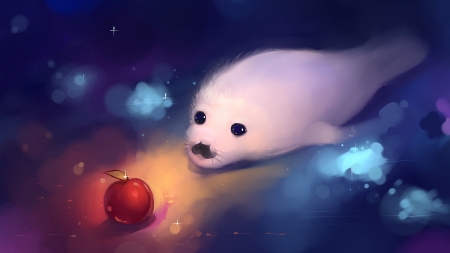 :-) - hangmoon, fruit, white, art, luminos, red, blue, orange, seal, sea lion, apple