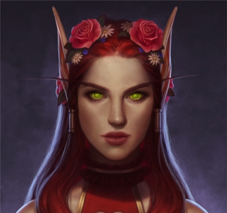 Alynorae - irene munoz de torres, girl, flower, elf, fantasy, red, rose, alynorae, face, luminos