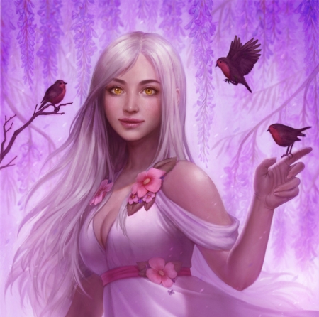 Annette - bird, irene munoz de torres, girl, blonde, flower, pink, pasari, fantasy, hand, luminos