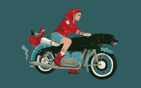 :-) - vector, girl, red, blue, motorcycle, fantasy