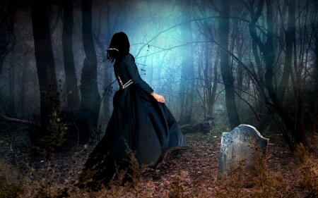 Scary Forest Woman Walking in Fog and graves stones