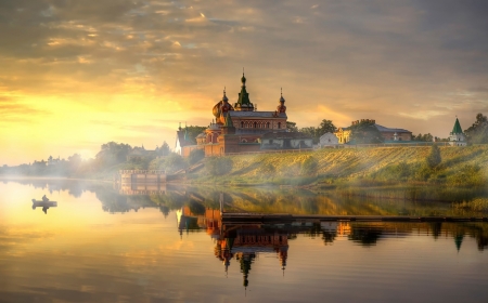 Monastery Reflection - sky, lake, water, sunset, mist, nature, reflection, clouds, fog, dusk