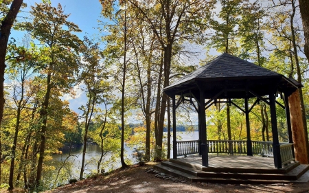 River Daugava in Latvia - latvia, river, gazebo, trees, park