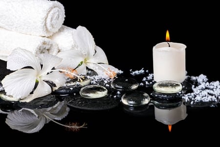 Still life with white hibiscus - Candles, Flowers, Water drops, Reflection, Stones, Hibiscus