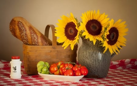 Still Life with Sunflowers - bread, vase, basket, sunflowers, tomatoes, salt, still life