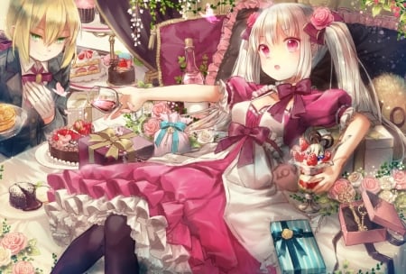 :-) - drink, stuff, glass, girl, cookie, cake, alice, pink, anime, dessert, sweet, food, manga