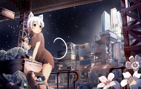 Cat girl - minato nao, cat, girl, anime, flower, junk, manga