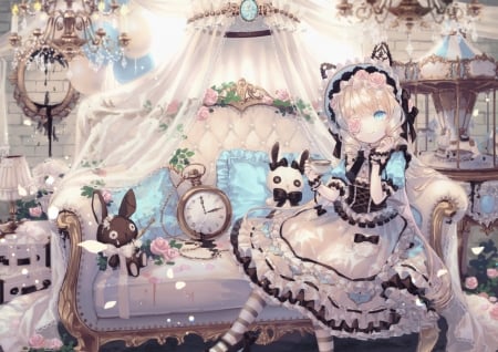 Lolita Fashion - anime, yumeichigo alice, sofa, blue, brown, girl, room, toy, manga, stuff, lolita fashion