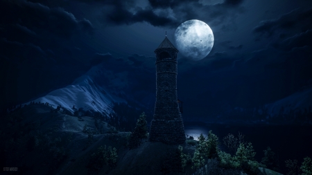 Moonlight - moon, water, summer, lighthouse, blue, stefan s, sea, night, dark, vara, luna