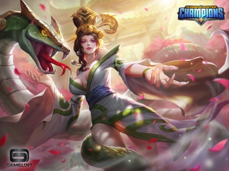 Snake lady - game, girl, petals, pink, exia xiaotong, fantasy, snake lady, hand, luminos