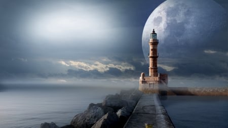 :-) - moon, lighthouse, water, luna, sea, planet, fantasy