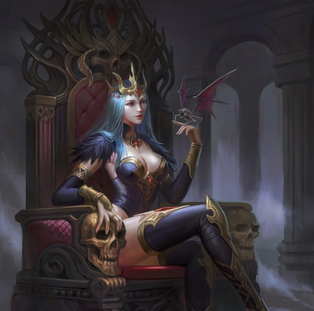 The Queen - girl, throne, crown, fantasy, art, queen, chan hoo, hand, luminos, blue, dragon