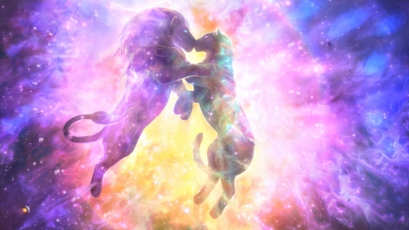 The celestial kiss - lion, couple, yuliya abelina, fantasy, kiss, yellow, luminos, pink, blue