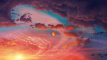 Sunset - cloud, summer, irina pechekina, hot air balloon, blue, sky, orange, sunset, luminos, vara