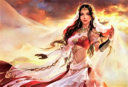 Fantasy girl - frumusete, bride, fantasy, wind, red, girl, jewel, luminos