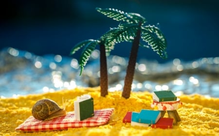 Sandy Beach - beach, palm trees, snail, sand, book