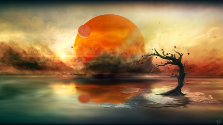 Alien calm - calm, silhouette, orange, tree, josef barton, fantasy, sunset, alien, art, luminos