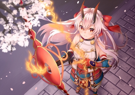 Demon - red, flower, demon, pink, spring, blossom, anime, manga, orange, horns