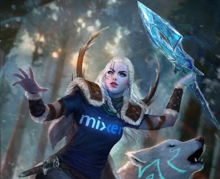 Skadi - game, winter, blue, wolf, girl, smite, frumusete, lup, fantasy, iarna, skadi, luminos