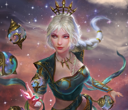 Empress - girl, frumusete, fantasy, empress, game, pink, hand, luminos, green, smite