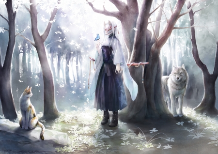 Into the woods - cat, mask, girl, lup, pisici, wolf, forest, tagme, luminos, anime, tree