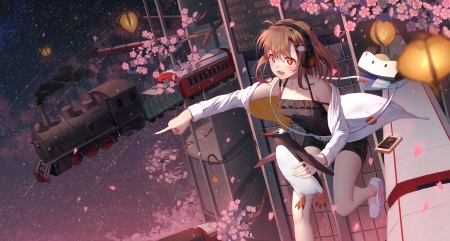 :-) - penguin, pink, sakura, anime, girl, manga, train, sprink, ji dao ji, luminos