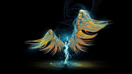 Angel - wings, fantasy, black, yellow, abstract, blue, angel