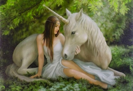 Girl and Unicorn - digital, wallpaper, fantasy, pretty, girl, woman, unicorn, art