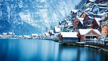 Snowy Houses on Lake Hallstatt, Austria