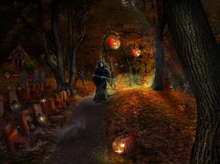 The Grim Reaper - scythe, pumpkins, cemetary, grim, graveyard, Reaper