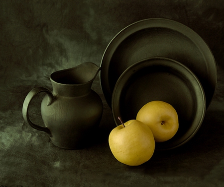 still life - yellow, jug, plates, dark green, apples