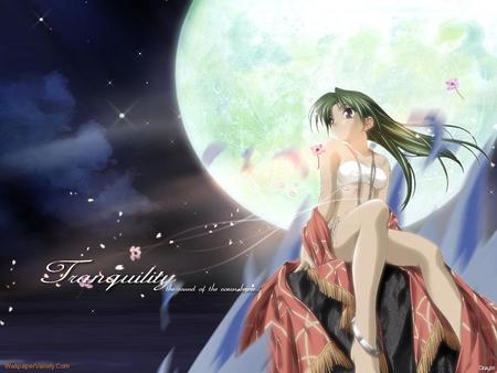 Tranquility - moon, sexy, female, girl, hot, light, night, black, dark, anime