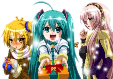 Presents! - neru, blushing, anime girl, vocaloid, snow, presents, luka, christmas, smile, miku