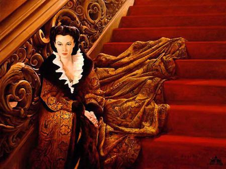 Scarlet on Staircase - movie, beautyful, red, woman