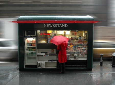 newsstand - rainy day, umbrella, red