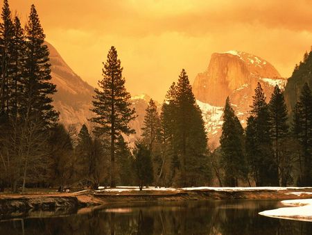 half Dome and the Merced River, Yosemite National Park, California - trees, rivers, snow, colors, forest, usa, nature, california, mountains, park