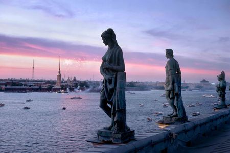 Overlooking Statues - nature, landscape, boats, statue, city, scenery, canal