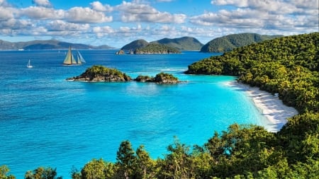 Trunk Bay, Virgin Islands National Park, USA - beach, trees, park, mountains, nature, forest, clouds, trunk bay, usa