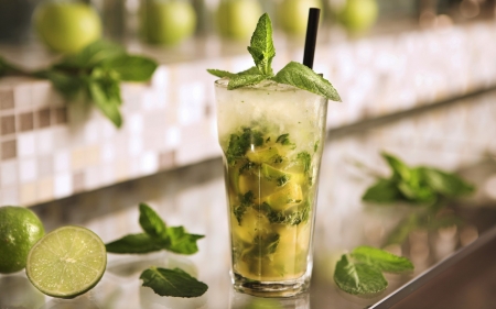 Cocktail - Glass, Mint, Mojito, Ice, Lime