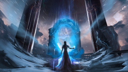 Magical portal - fantast, luminos, girl, portal, blue